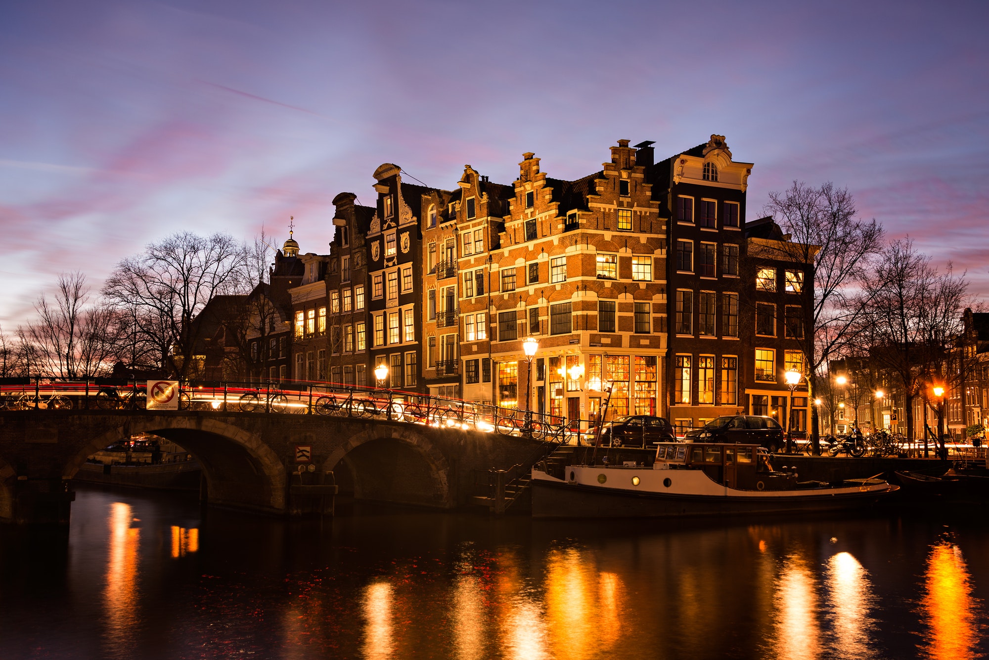 Amsterdam canal houses at dusk